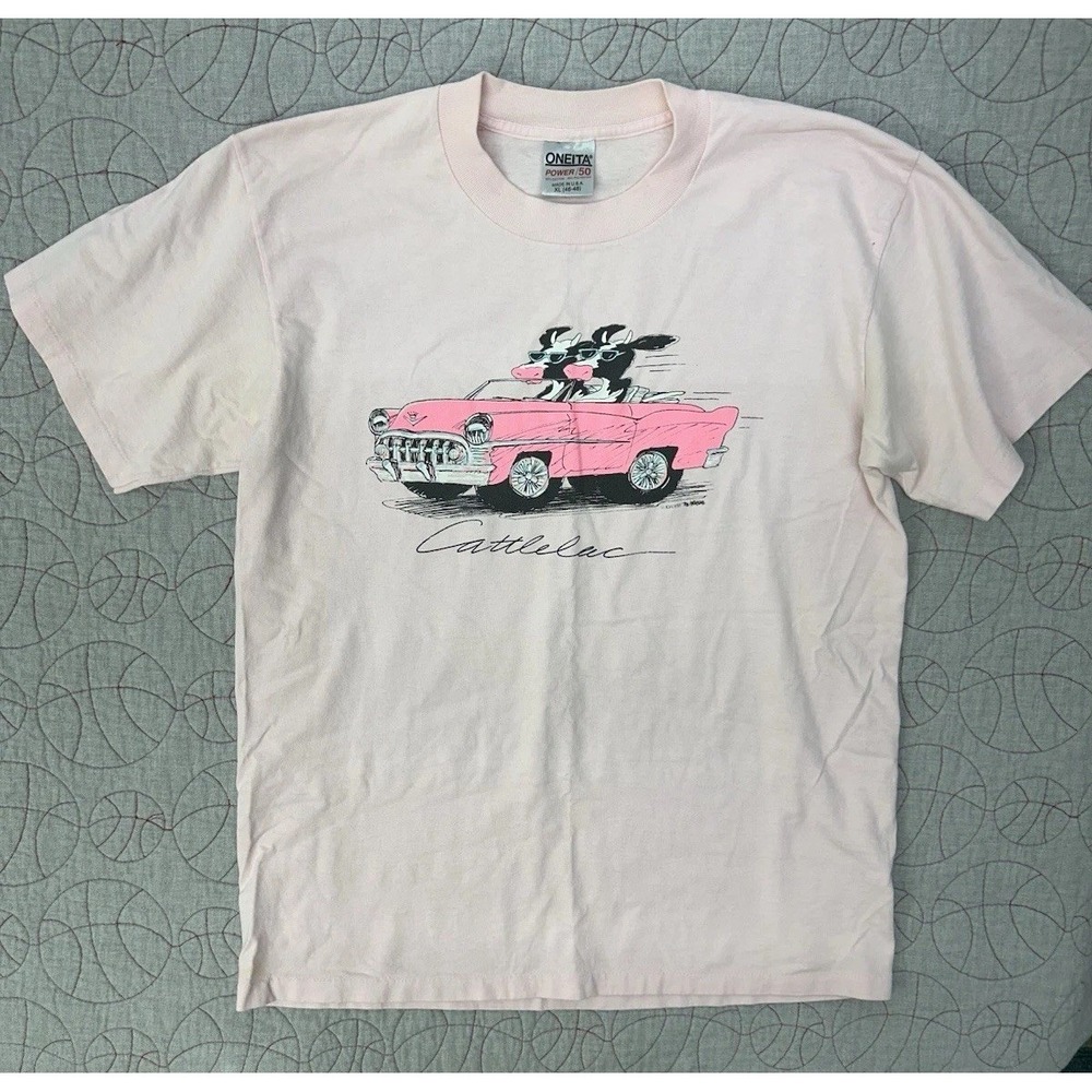 VTG 90s Oneita Cattlelac Cow Cadillac Graphic T Shirt XL Pink Single Stitch USA